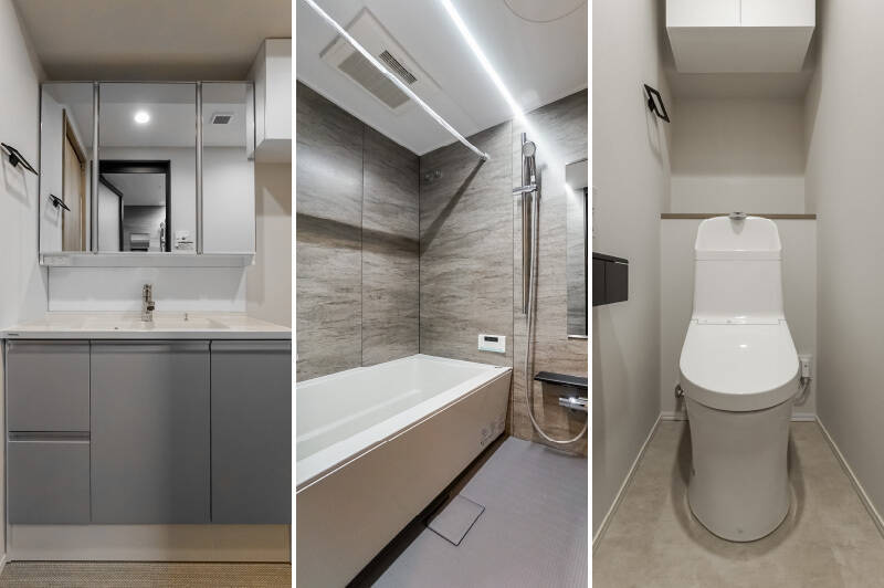 <b><b>左・</b></b>台下に収納がついた洗面台。右手には洗濯機置き場があります。／<b><b>中央・</b></b>浴室換気乾燥機付きのユニットバス。／<b><b>右・</b></b>シンプルなトイレ。上部には収納が付いています。