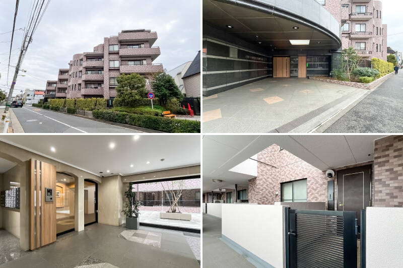 環八から内側に入った住宅街の角に建つ、1997年築、全38戸のマンションです。アーチを描く立派なエントランスを入ると、吹き抜けに面した明るい共用部。オートロックや宅配ボックスを完備しています。エレベーターで住戸が所在する5階へ。玄関の前にはポーチが設けられていますよ。