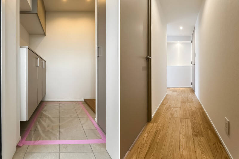 来訪者から室内が丸見えにならない設計でgood。下足入れのカウンターや廊下突き当たりのニッチなど、所々に写真や小物を飾れるスペースが設けられています。