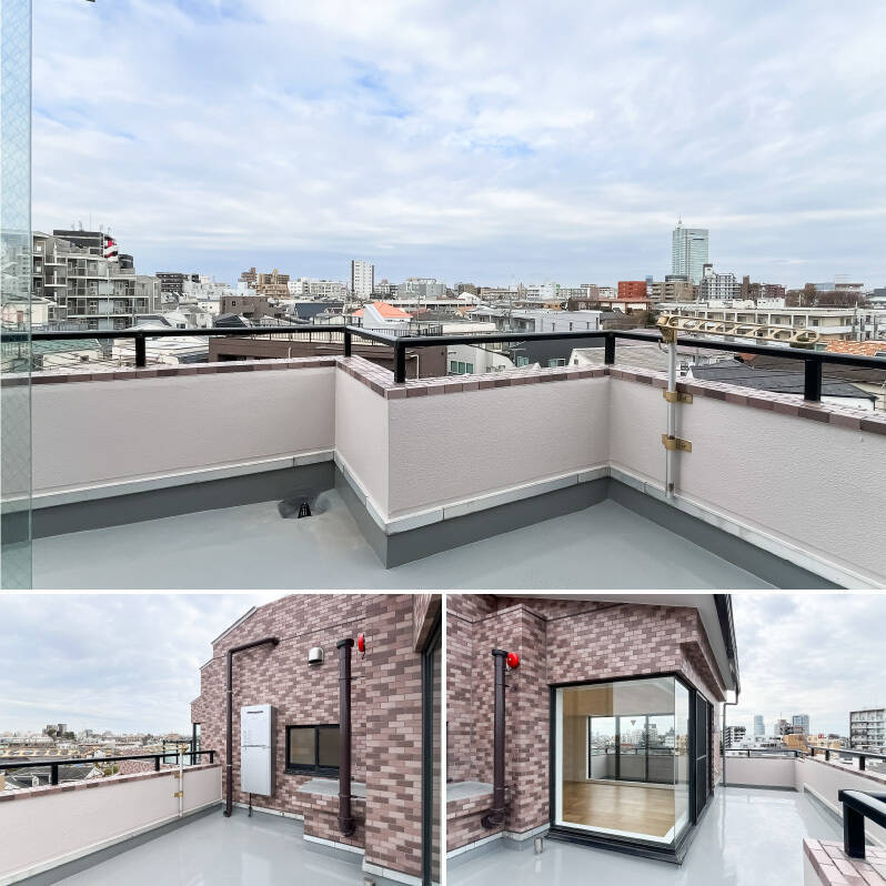 外観と同じように、ルーフバルコニーもカクカク。コーナーサッシを介して南側まで視線が通り、どちらを向いても抜けがあるのがよく分かります。