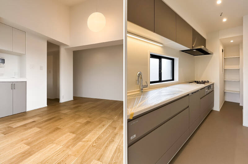 開口の先には独立型のキッチン。小窓があって明るく風通し良好◎ 食洗機や浄水器一体型水栓が付いていますよ。