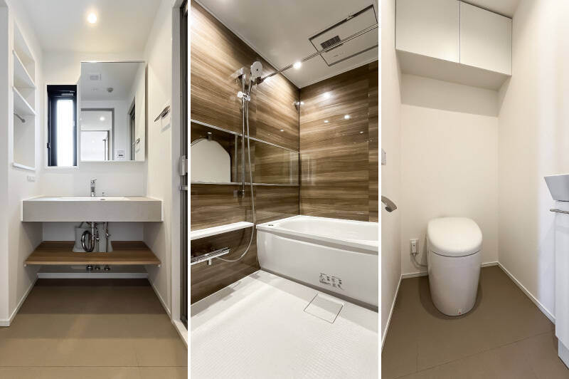 <p><b>左・</b>洗面脱衣室までうれしい窓付き！ 同じ空間に洗濯機置き場もまとまっています。／<b>中央・</b>ゆったり広い1418サイズのユニットバス。浴室換気乾燥機能付きです。／<b>右・</b>手洗いボウル付きのトイレ。</p>