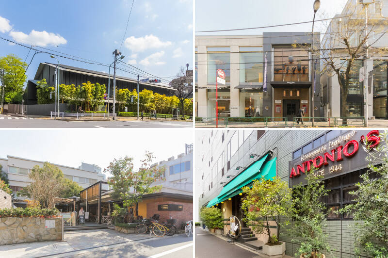 <b>左上・</b>感性を磨き、心を落ち着かせるために通いたい「根津美術館」。（徒歩6分）／<b>右上・</b>「ブルーノート東京」で本物の音に耳を傾け、思い出深い夜を刻もう。（徒歩4分）／<b>左下・</b>ペットも一緒に食事が楽しめる、営業時間8:00~21:00のオールデイカフェ「crisscross（クリスクロス）」。（徒歩9分）／<b>右下・</b>六本木通り沿いの老舗イタリアン「ANTONIO’S（アントニオ）南青山本店」。ご紹介のマンションはお店のお隣です。（徒歩1分）