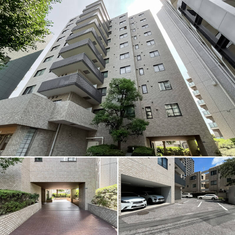 <p><b>上・</b>1981年竣工の三井不動産旧分譲 “パークマンション” シリーズの1棟。2021年に耐震補強工事、2024年に大規模修繕工事を実施しています。／<b>左下・</b>六本木通りから緑に囲まれたアプローチを通ってエントランスへ。／<b>右下・</b>マンション裏手に平置き駐車場がありますが、2026年2月27日時点で空きなし。最新の空き状況やサイズはお問い合わせください。</p>