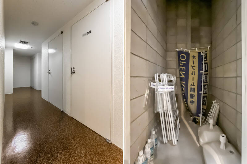 共用廊下に住戸付帯の倉庫があり、広さは約1帖ほど。アウトドア用品やゴルフバッグ、季節家電などをしまうのに便利です。