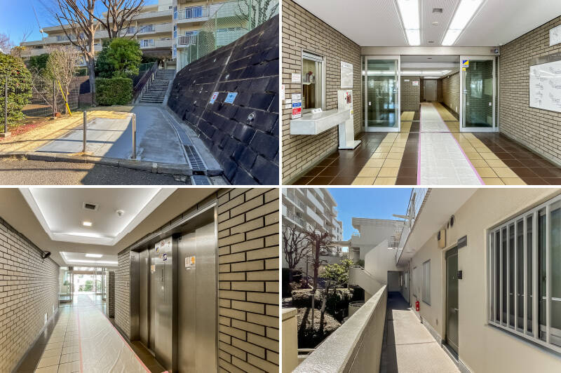 植栽の緑に包まれたアプローチを抜け、階段を上がるとエントランスホールが。ご紹介する住戸は、A棟の4階部分に位置します。