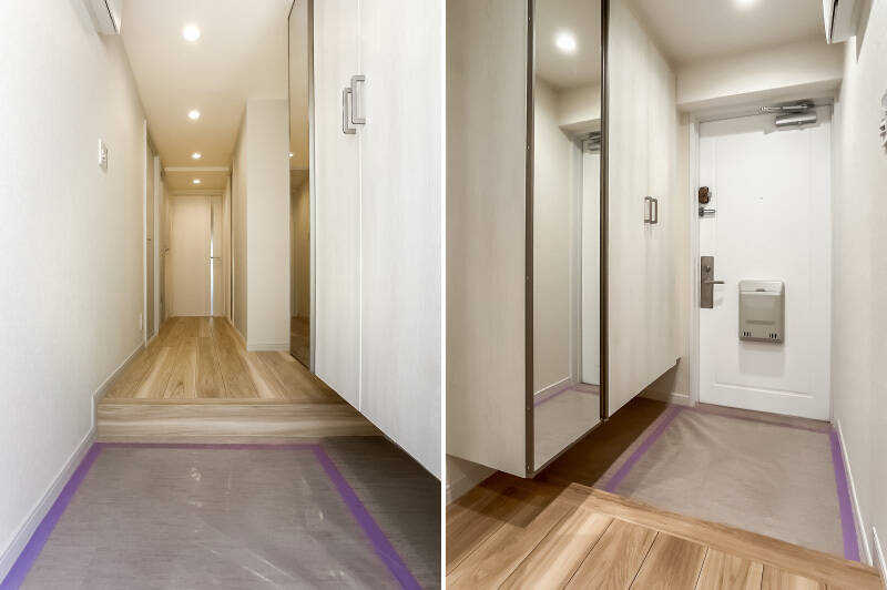 玄関扉を開けると、白を基調とした廊下がまっすぐ伸びています。LDKは突き当たりに位置する間取りです。