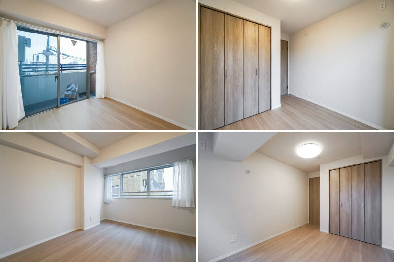 <b>上・</b>約4帖の洋室Ｂ。南向きの専用バルコニーが備わっていて、開放感たっぷりです。／<b>下・</b>3つの中でいちばん大きな約5.7帖の洋室Ｃ。こちらには南向きの腰高窓があります。