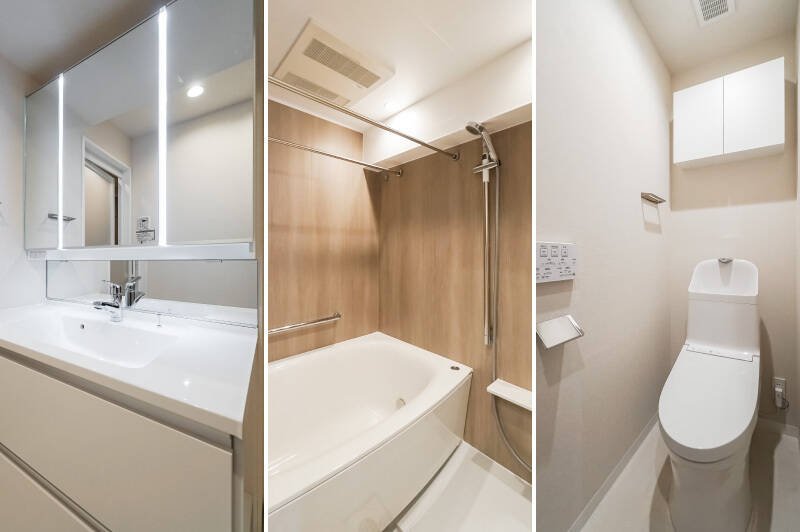 洗面・バス・トイレはシンプルで利便性の高そうな設え。バスルームはちょっぴり余裕のある1418サイズなので、のびのびとバスタイムを楽しめそう♪