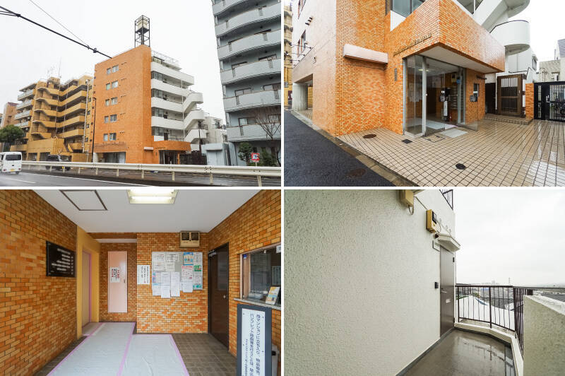 <b>左上・</b>写真中央がご紹介のマンション。1981年築・総戸数16戸のこぢんまりとしたマンションです。<b>新耐震基準適合なのは大きな安心材料</b>ですね。／<b>右上・</b>環七沿いにあるフラットなエントランス。／<b>左下・</b>オートロックや宅配ボックスは残念ながら未実装ながら、共用部は築年数を思わせないきれいな状態だと感じましたよ。／<b>右下・</b>住戸は4階の共用廊下の奥に位置しています。取材日は雨だったので、なぜ玄関扉の手前で屋根が途切れているんだー！ と思いましたが、そのぶん晴れた日には光と風が気持ちよさそう。