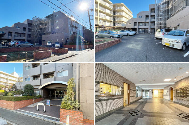 <b>左上・</b>今回ご紹介するマンションは、1977年竣工。2021年に大規模修繕で外壁の工事が行われたこともあり、きれいなお顔立ちです。／<b>右上・</b>敷地内には駐車場が完備されています。残念ながら、2025年12月時点で空きはございません。最新の空き状況はお問い合わせください。／<b>左下・</b>エントランスの植栽は丁寧に手入れされている印象。エントランスホールへのアプローチは少し段差がありますが、緩やかなスロープも備わっており、心遣いを感じます。／<b>右下・</b>ゆとりのあるエントランスホールには、左手には管理人室、右手にはメールボックスを用意。管理（清掃）員さんは月曜日から金曜日の9時から18時で勤務されています。