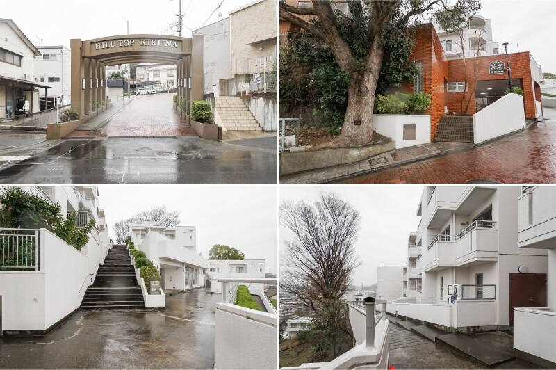 <b>左上・</b>駅からのルートは2通り。メインエントランスまでは、駅前から延びるフラットな道沿いを進むルート。立派なゲートがドンと現れます。 そこから敷地内のなだらかな坂を登ると……／<b>右上・</b>シンボルツリーが！ こちらがメインエントランス。管理人さんは住込みで月曜日〜金曜日と隔週の土曜日の9:00〜16:30まで勤務されています。／<b>左下・</b>マンションは丘にのめり込むように建っており、3棟からなる総戸数122戸のビッグコミュニティ。エレベーターを2基乗り継ぎ……／<b>右下・</b>更にスロープを登り切ると、今回ご紹介するB棟が見えてきます。