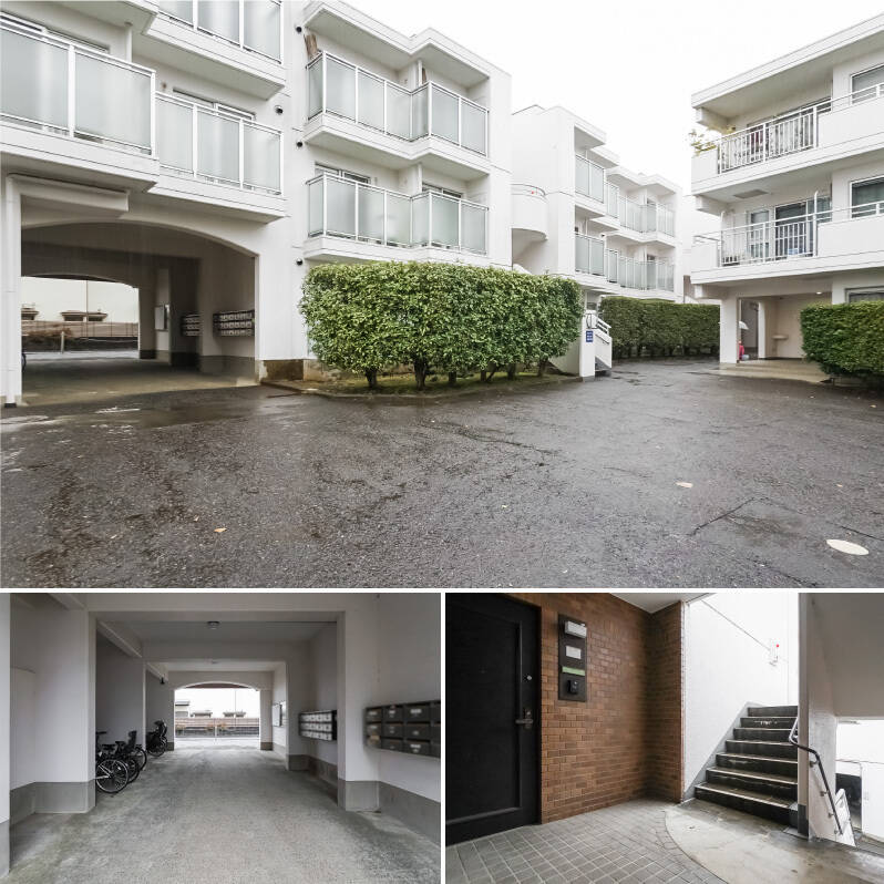 <b>上・</b>こちらはB棟の外観。ホワイトの外観がレトロ可愛く、敷地の植栽が豊かなため、どこか異国情緒感がありますよ。／<b>左下・</b>ご紹介する住戸のポストと自転車置き場。屋根付きなのがうれしいですね。駅から健脚ルートを歩く場合は、こちらのエントランスに到着します。／<b>右下・</b>住戸は2階に所在し、階段アクセスです。階段は左右2住戸で利用する造り。