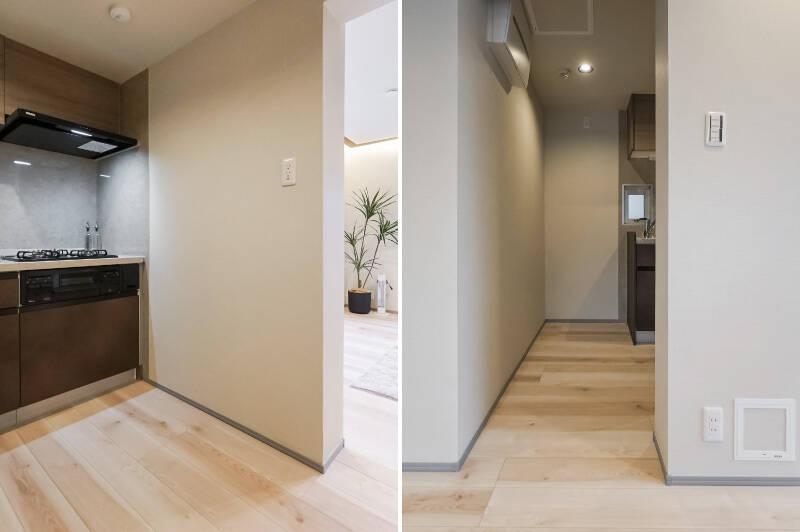 キッチンの入口部分は左右が躯体壁のため、ベビーゲートの設置がしやすそう。子育て世帯にはうれしいポイント◎