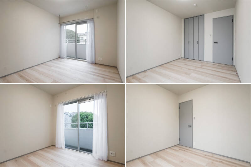 <p><b>上・</b>廊下の奥に位置する約6帖の洋室B。クローゼットのサイズは折れ戸2枚分。窓辺上部には、取り外しもできる室内物干し金物が備わっています。／<b>下・</b>約4帖の洋室C。落ち着くサイズ感なので、書斎などにぴったりかも。</p>