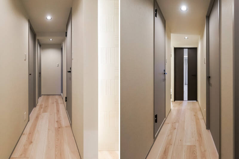 グレーの建具が並ぶ廊下。LDKの建具はスリットガラス入りで、廊下まで光が届きます。