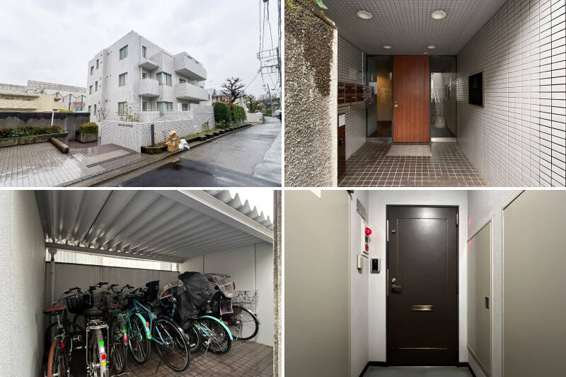 1984年竣工、新耐震基準のマンション。エントランスは、オートロックと宅配ボックスが設置されています。エントランスは2階部分に位置しているので、住戸がある1階へはエレベーターと階段を使ってアクセスします。