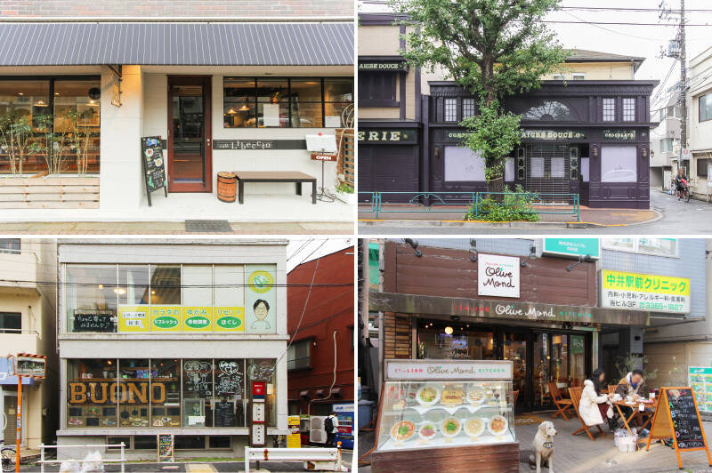 <b>左上・</b>「Libeccio（リベッチオ）」では、ゆったりとした空間でパスタやケーキを味わうことができます。（徒歩12分）／<b>右上・</b>有名パティシエが手がけるスイーツが人気の「AIGRE DOUCE（エーグル・ドゥース）」。その味を求めて地元のみならず遠方からもお客さまが訪れるそう。（徒歩12分）／<b>左下・</b>木の温もりを感じるアットホームな雰囲気のイタリアンバル「BUONO×BUONO（ボノ×ボノ）」。（徒歩7分）／<b>右下・</b>もちもちとした生パスタが人気のイタリアン「Olive Mond（オリーブモンド）」。（徒歩13分）