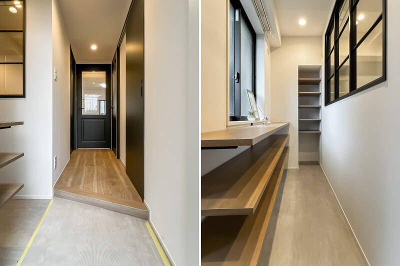 早速出迎えてくれるのは、ポーチに面する窓と室内窓に挟まれた横長の土間。靴だけでなく、室内に持ち込むのが大変な重たいストック用品なども置いておけそうです。