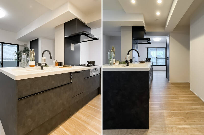 <b>左・</b>油ハネが気になるコンロ前に壁があるのがgood。食洗機を搭載しています。／<b>右・</b>LDKは奥まで続き……