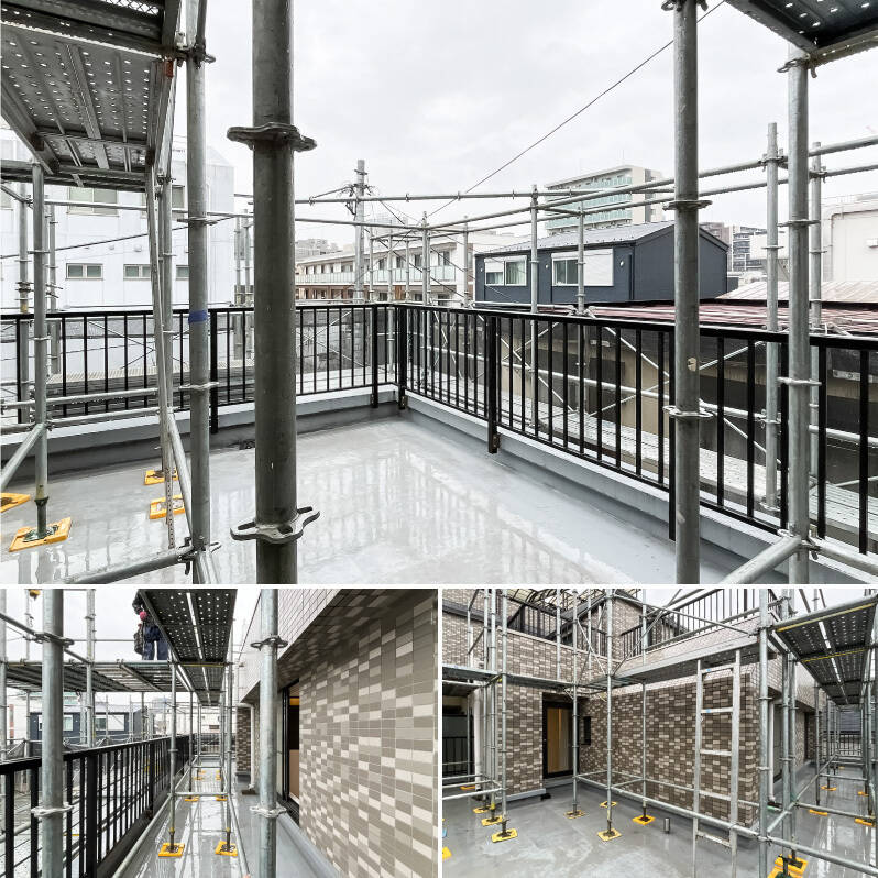 大規模修繕工事の足場が立っている、かつ雨なのが残念ですが、L字型の広々した空間です。周辺や上階からの視線が気にならないこともないですが、家庭菜園を楽しむなど、目隠しを駆使して水遊びすることもできそうです。