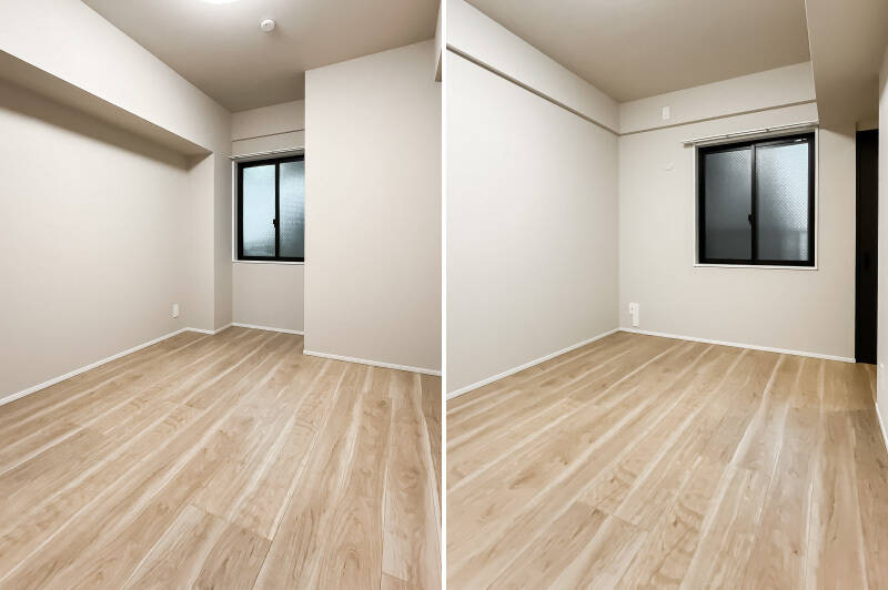 南西と北東の2箇所に窓があり、風通しがいい居室です。出入り口付近の折れ戸を開けると……