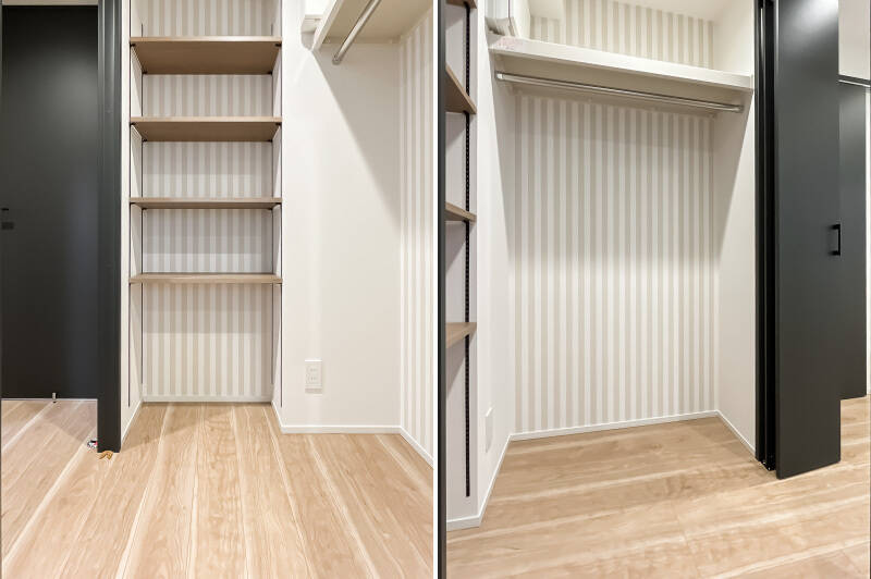 これからご紹介する洋室Cとつながるウォークスルークローゼット（WTC）が出現！ ストライプのクロスが貼られています。