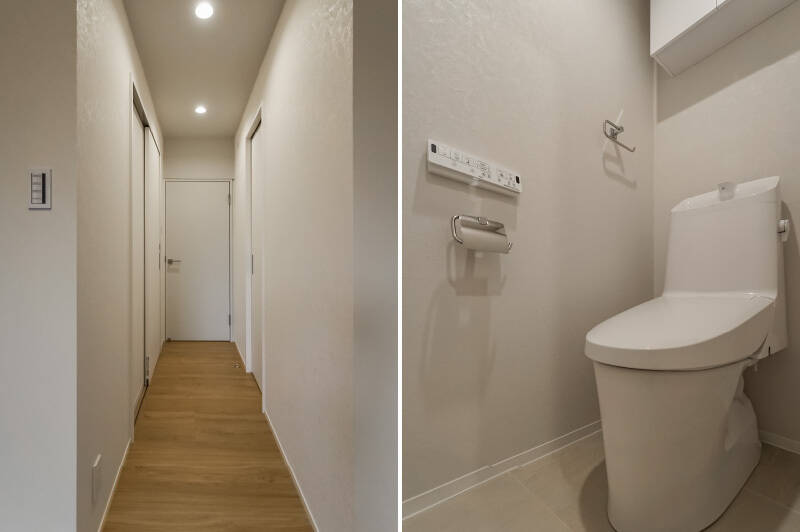 <p><b>左・</b>洋室から玄関へと続く廊下。向かって左側に洗面室とバスルーム、右側には大型のウォークインクローゼット（WIC）が。正面の扉の先は玄関につながります。／<b>右・</b>トイレは玄関横に配置されています。</p>