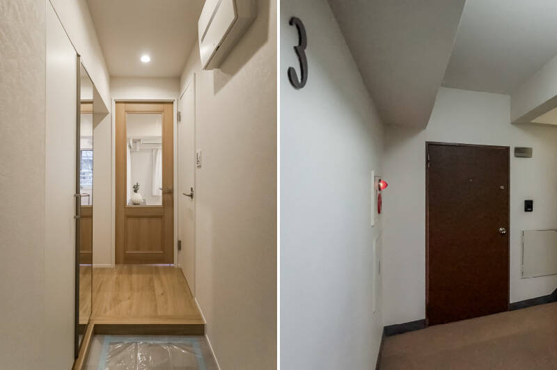 <p><b>左・</b>玄関にはシューズボックスを備え、扉一枚分は姿見になっています。お出かけ前の身だしなみチェックに便利ですね。／<b>右・</b>玄関前の共用廊下はカーペット貼りの内廊下設計。ワンフロア2住戸のみで、落ち着いたプライベート感があります。</p>