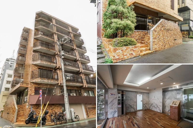 <p><b>左・</b>1973年竣工、総戸数13戸のマンション。／<b>右上・</b>エントランスは階段を上がった2階に位置しています。／<b>右下・</b>エントランスホールにはオートロックと宅配ボックスを完備。不在時でも荷物を受け取れるのはうれしいポイントです。</p>