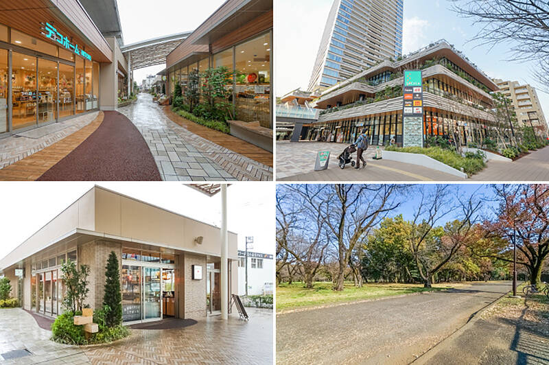 <p><b>左上・</b>徒歩14分の場所に位置する「MUSAKO GARDEN」は、地産地消の食材を扱う「地産地消マルシェ」や日用雑貨に特化した「ニトリ デコホーム」などが入った複合商業施設。／<b>右上・</b>食料品や日用品は、「ソコラ武蔵小金井クロス」でまとめて調達！ （徒歩14分）／<b>左下・</b>窯焼きナポリピッツァと茹で上げパスタ、豊富なワインが堪能できる「北海道イタリアン ミアボッカ」。本格的なイタリアンをリーズナブルに楽しめます。（徒歩14分）／<b>右下・</b>「小金井公園」は複数広場のほか、歴史に残る日本建築を紹介する野外博物館「江戸東京たてもの園」が併設されています。たまには自転車で足を伸ばしてみるのもおすすめです♪ （徒歩22分）</p>