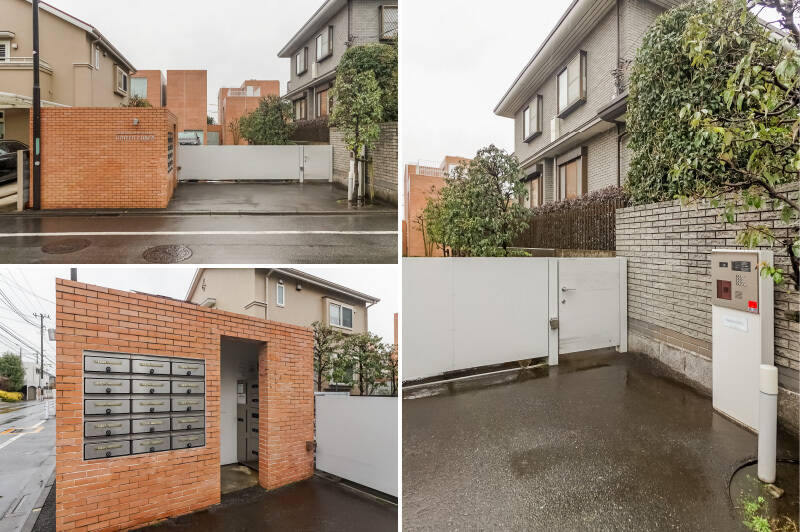 <b>左上・</b>「成城学園前」駅から邸宅街を歩くこと10分。淡いレンガタイル貼りのキューブが目を惹くエントランスに到着。／<b>左下・</b>キューブの中には宅配ボックスが設置されています。／<b>右・</b>エントランス前には呼び出し用のインターホンが。 では、扉を開けて中へ。