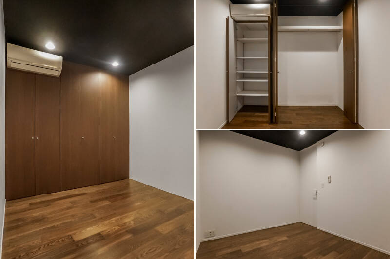 一面に収納が用意された洋室B。可動棚側と枕棚・ハンガーパイプ側に分かれおり、用途別に使えそう。