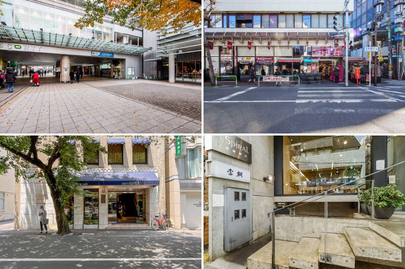 <b>左上・</b>小田急線の急行停車駅「成城学園前」駅。直結の駅ビル「成城コルティ」には、スーパー・書店・雑貨店など、さまざまなショップが揃っています。「新宿」まで乗車時間約15分でアクセスできる交通利便性も見逃せません。（徒歩10分）／<b>右上・</b>美味しい惣菜を買うなら「成城石井 成城店」。名前の通り、こちらが本店です！（徒歩10分）／<b>左下・</b>老舗洋菓子店「成城アルプス」。特別な日のケーキはこちらでどうぞ。（徒歩10分）／<b>右下・</b>スタイリッシュな韓国料理屋「季朝」。ここのチヂミはお客さんのほとんどが注文するほどの人気メニューなんだとか。（徒歩10分）