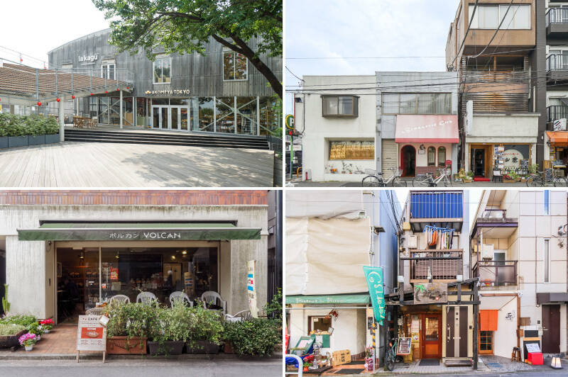 <b>左上・</b>「AKOMEYA TOKYO in la kagu（アコメヤ トウキョウ イン ラカグ）」は、食に関する雑貨の品揃えが豊富なセレクトショップ。（徒歩9分）／<b>右上・</b>「Brasserie Gus（ブラッスリー グー）」ではフランスの家庭料理をいただけます。食通も納得の美味しさで、昼も夜も予約必須の人気店。（徒歩5分）／<b>左下・</b>コーヒー豆の専門店「VOLCAN（ボルカン）」。世界各地の生豆を自家焙煎機でローストしており、お気に入りが見つかりそう。（徒歩2分）／<b>右下・</b>スープカレーの有名店「からかうあ」も徒歩2分。辛味を追加できるので、辛いものがお好きな方はぜひ挑戦してみて。
