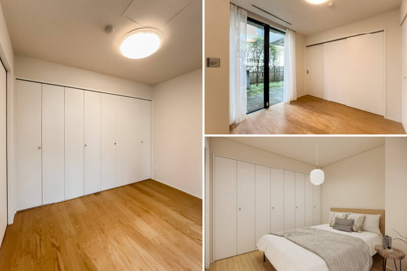 テラスに面する洋室A。LDKと同じく、こちらもハイサッシの窓からテラスを望む空間です。壁一面が大型クローゼットになっており、収納を十分に確保しています。CGイメージ（右下）では、ダブルベッドを配置。
