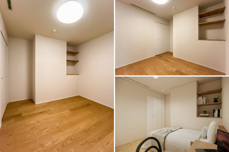 洋室Bは、ニッチ収納とクローゼット付き。CGイメージ（右下）では、シングルベッドとデスクを配置しています。