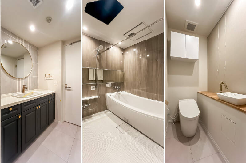 <b>左・</b>洗面室は、縦長のタイルと丸いミラーを組み合わせたデザイン。金具には真鍮を採用しています。／<b>中央・</b>ユニットバスは戸建てにも採用されることが多い、1620サイズ！／<b>右・</b>トイレは廊下からアクセスする間取り。タンクレスタイプで、独立の手洗いカウンターが備わっています。