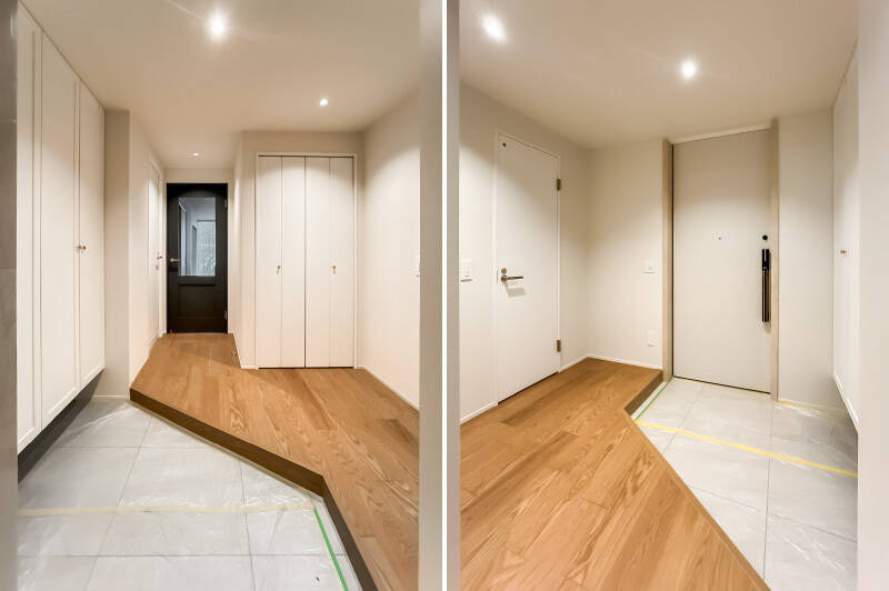 <p><b>左・</b>シューズボックスはトールタイプ。右手にはクローゼットタイプの収納が備わっています。／<b>右・</b>上り框が斜めに切り取られたデザインが印象的な玄関。</p>