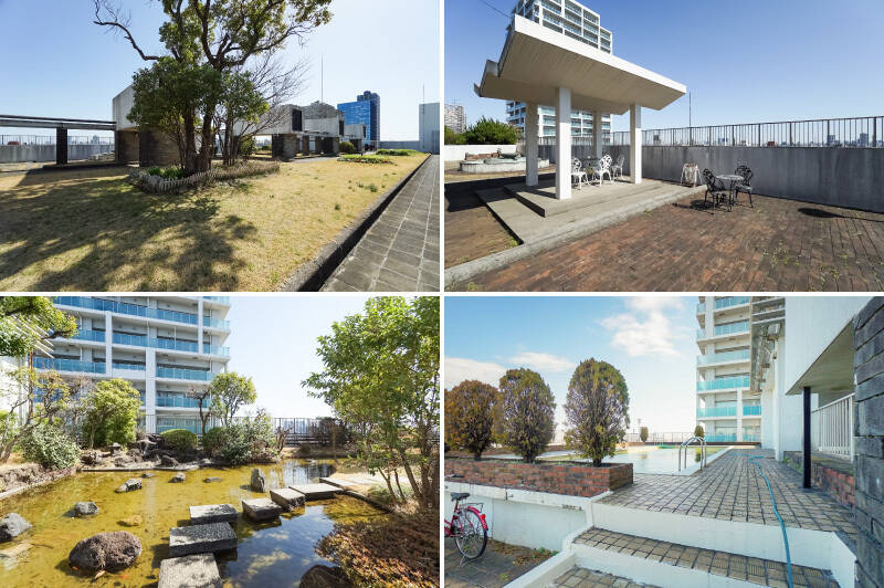 わわわ、屋上に降り立つと、驚くほど広い緑化空間が！ 花壇に日本庭園風の池、小さな菜園まであり、この建物の竣工当時のグレード感が伝わってきます。そして極めつけは居住者専用のプール。東京のはるか遠くまでを一望しながら泳げます。毎年夏季になると開放されるそうですよ。