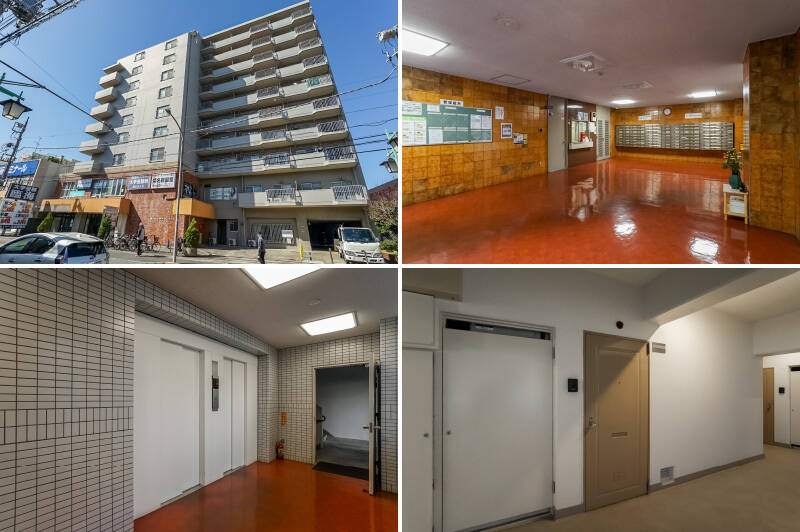 <b><b>左上・</b></b>東急東横線・JR横浜線「菊名」駅から徒歩4分の場所に位置する、1974年竣工のマンション。写真右手の車の奥を進むとエントランスがあります。／<b><b>右上・</b></b>広々としたエントランスホール。色合いにレトロさを感じます。左奥は管理人室で、管理人さんは平日の9時から17時までのご勤務。住み込みでいらっしゃいます。／<b><b>左下・</b></b>エレベーターで7階に向かいます。／<b><b>右下・</b></b>住戸前に到着。今回ご紹介する住戸側は内廊下になっています。雨風が強い日は特にうれしい。