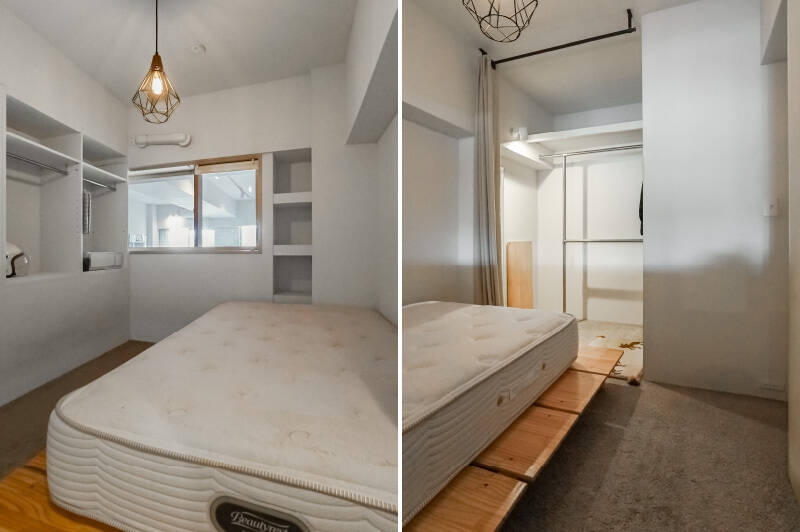 <b><b>左・</b></b>こちらは約4帖の洋室。ぽこぽこと壁がくり抜かれたニッチ収納が複数備わっています。ハンガーパイプや棚も完備されており、活用の幅が広がりますね！ ／<b><b>右・</b></b>玄関側にはウォークスルークローゼット（WTC）があります。カーテンで生活感を隠せるのも◎