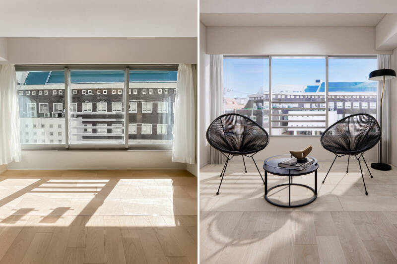 テーブルや椅子を置いて読書やティータイムを楽しむ空間としての利用もおすすめ。窓からは、右側に視線を向けると線路が見えます。（右・CGイメージ）