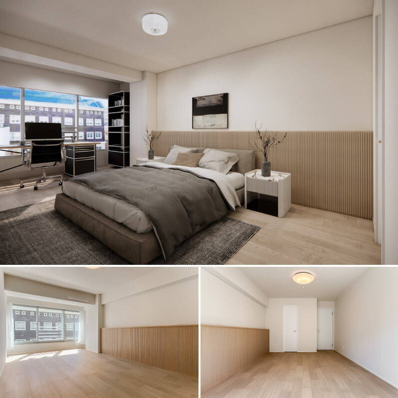 洋室Ａは南東向き。壁にはキッチンとお揃いのリブパネルを設けて、ホテルライクな印象に。（上・CGイメージ）