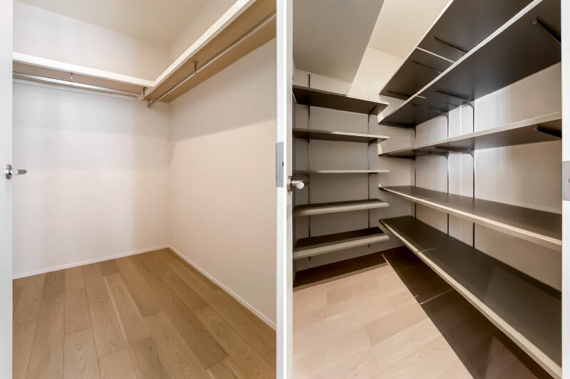 <b>左・</b>洋室Ａはふたり分の衣類を収めても余白がありそうな、大型のウォークインクローゼット（WIC）付きです。／<b>右・</b>LDKにはWICよりややコンパクトな納戸が設置されています。趣味の道具やスーツケース、大型のアイテムを収納可能です。