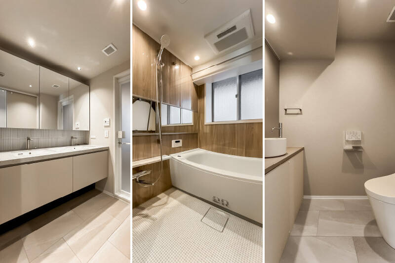 <b>左・</b>洗面台は、忙しい時間帯もふたり並んで身支度ができるツーボウル仕様です。／<b>中央・</b>1418サイズのユニットバスはオートバス・浴室乾燥機を完備。／<b>右・</b>トイレはシンプルなデザインで、対面に独立の洗面カウンターを設置。