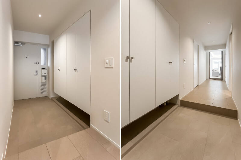 ゆとりある玄関まわりには、トールサイズのシューズボックスを設置。土間と廊下の床はお揃いのタイルで、視線が自然と抜けるデザインです。