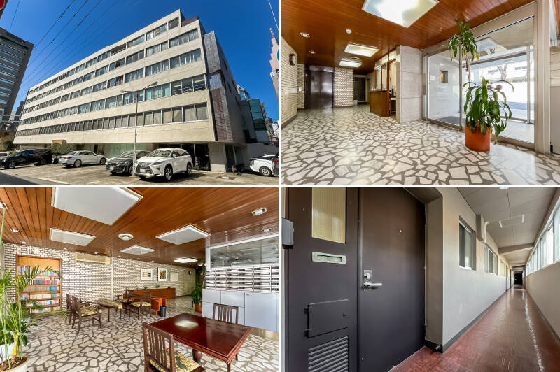 1965年に竣工した、総戸数26戸の建物。板張りの天井とガラス張りが特徴的な応接スペースなど、「古さ」よりも映画のセットのような趣を感じる共用部です。