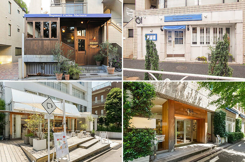 <b>左上・</b>その日の仕入れ状況にあわせて美味しい魚の食べ方を提案してくれる、イタリアンテイストのシーフード専門店「BOGAMARI Cucina Marinara（ボガマリ・クチーナ・マリナーラ）」。（徒歩5分）／<b>右上・</b>「Restaurant Charme（レストラン シャルム）」は、落ち着いた雰囲気が評判のフレンチレストラン。（徒歩12分）／<b>左下・</b>北参道方面にある「KITASANDO COFFEE」では、温もりを感じるウッドテラスでゆったりとコーヒータイムを過ごせます。（徒歩7分）／<b>右下・</b>アパレルメーカーが多数拠点を置くこの街で、アイコン的存在の「Ron Herman（ロンハーマン）千駄ヶ谷店」も徒歩14分の場所に。