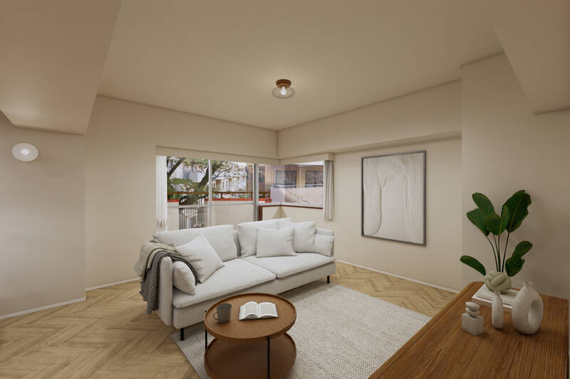 窓はコーナーサッシで、空間に奥行きとリズムが生まれています。